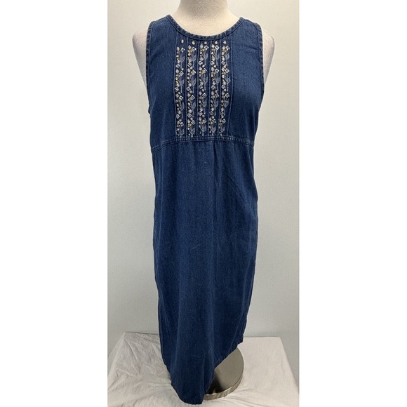 Erika & Co Dresses & Skirts - Vtg Erika & Co Denim Jumper Midi Dress Women's S Blue Floral Embroidered Cottage